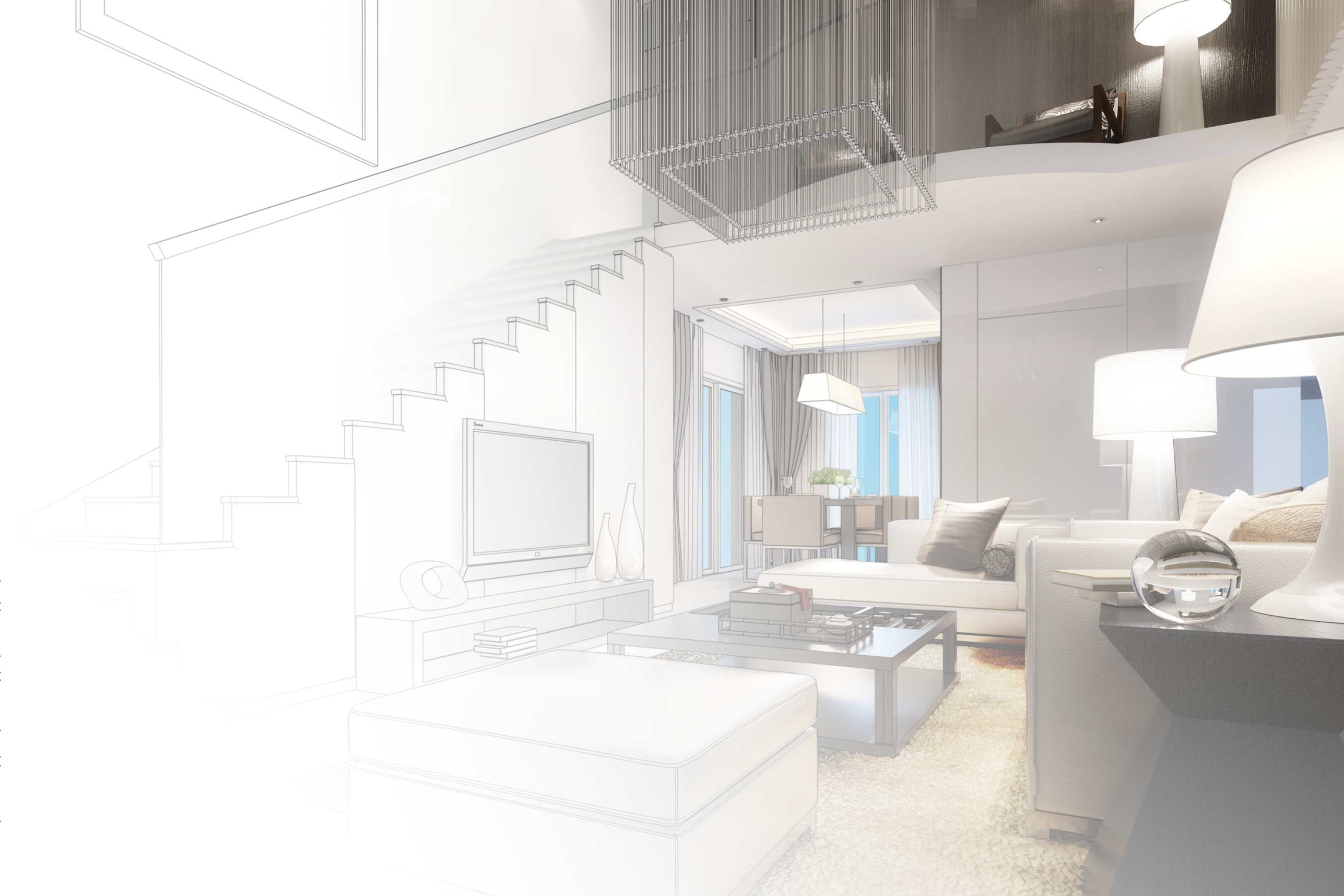 Half rendering-half sketch of a living room